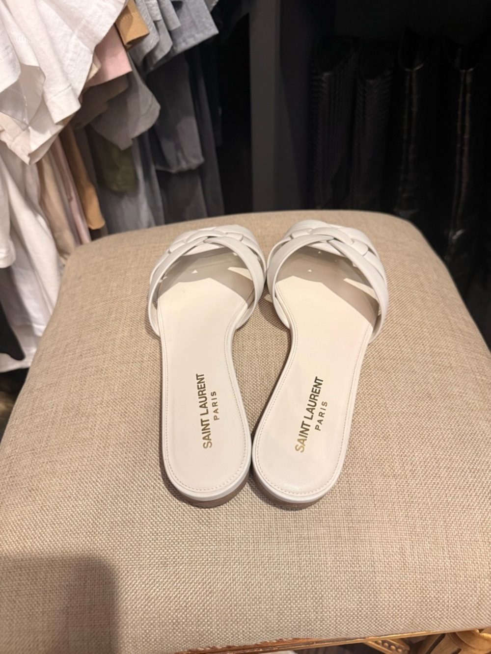 Saint Laurent Tribute White Leather Slide Sandals Flats Size 38.5 worn once box - Picture 4 of 11